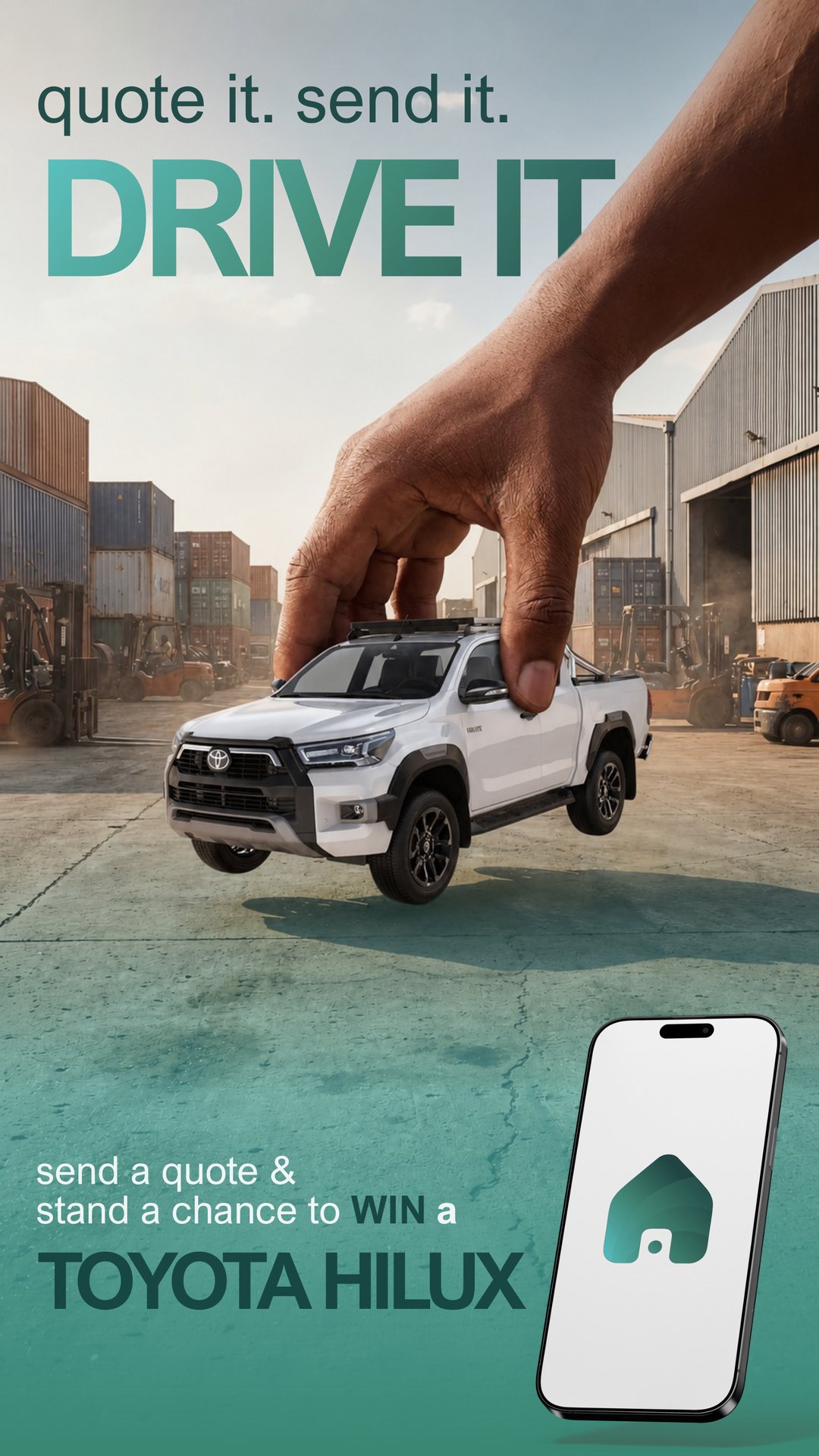 Contractor campaign post: quote it, send it, drive it — win a Toyota Hilux
