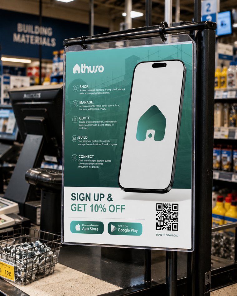 Thuso sign-up signage with QR code at the till