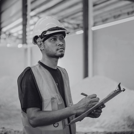A contractor on site with a hard hat and clipboard